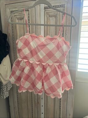 Cottage Core Peach Love California Pink and White Gingham Scallop Trim Tank Top
